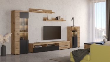 Helvetia meble - Wohnzimmer Roger – Eiche Wotan/Eiche Wotan/Schwarz matt