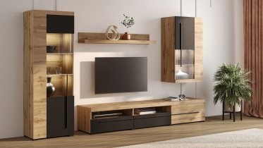 Helvetia meble - Wohnwand Roger I – Eiche Wotan/Eiche Wotan/Schwarz Matt – 22N2ZH10