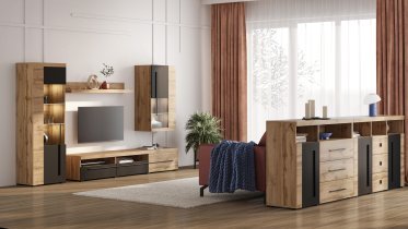 Helvetia meble - Kommode Roger – 132 cm – Eiche Wotan/Eiche Wotan/Schwarz matt – 22N2ZH43