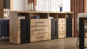 Helvetia meble - Kommode Roger – 132 cm – Eiche Wotan/Eiche Wotan/Schwarz matt – 22N2ZH43
