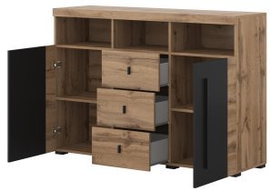 Helvetia meble - Kommode Roger – 132 cm – Eiche Wotan/Eiche Wotan/Schwarz matt – 22N2ZH43