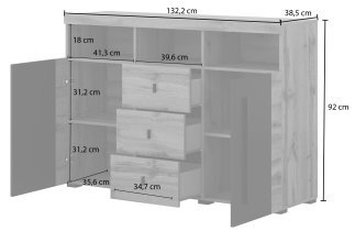 Helvetia meble - Kommode Roger – 132 cm – Eiche Wotan/Eiche Wotan/Schwarz matt – 22N2ZH43