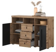Helvetia meble - Kommode Roger – 132 cm – Eiche Wotan/Eiche Wotan/Schwarz matt – 22N2ZH43