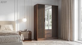 Kleiderschrank Nelly 3D mit Spiegel – Nussbaum