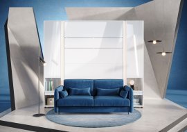 Komplett Bett im Schrank, blaues Kopfteil, blaues Zweisitzsofa, Schränke, LED, Matratze Bed Concept 01 - 140x200 cm - weiß