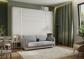 Komplett Bett im Schrank, graues Kopfteil, graues Zweisitzer-Sofa, Schränke, LED, Matratze Bed Concept 01 - 140x200 cm - weiß