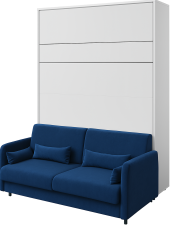 Komplett Bett im Schrank, blaues Kopfteil, blaues Sofa, LED, Matratze Linz - Bed Concept 12 - 160x200 cm - weiß