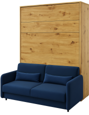 Komplettbett im Schrank, blaues Kopfteil, blaues Schlafsofa, LED, Matratze Graz - Bed Concept 12 - 160x200 cm - Artisan Eiche