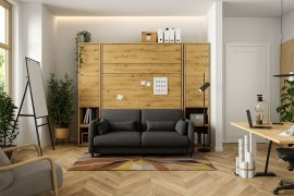 Komplett Bett im Schrank, Graphit Kopfteil, Graphit Zweisitzer, Schränke, Led, Matratze Bed Concept 01 - 140x200 cm - Artisan Eiche