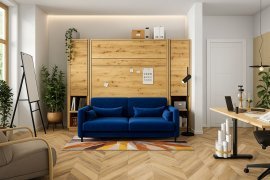 Komplett Bett im Schrank, blaues Kopfteil, blaues Zweisitzer-Sofa, Schränke, LED, Matratze Bed Concept 01 - 140x200 cm - Artisan Eiche