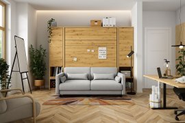 Komplett Bett im Schrank, graues Kopfteil, graues Zweisitzer-Sofa, Schränke, LED, Matratze Bed Concept 01 - 140x200 cm - Artisan Eiche