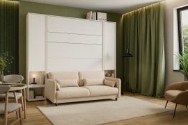 Komplett Bett im Schrank, beiges Kopfteil, beige Schlafcouch, Schränke, LED, Matratze Bed Concept 13 - 180x200 cm - weiß