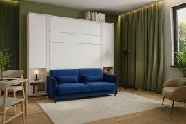 Set Bett im Schrank, blaues Kopfteil, blaues Schlafsofa, Schränke, LED, Matratze Bed Concept 13 - 180x200 cm - weiß