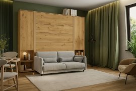 Komplettbett im Schrank, graues Kopfteil, graues Schlafsofa, Schränke, LED, Matratze Bed Concept 13 - 180x200 cm - Artisan Eiche