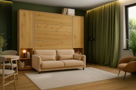 Komplett Bett im Schrank, beiges Kopfteil, beiges Sofa, Schränke, LED, Matratze Bed Concept 13 - 180x200 cm - Artisan Eiche