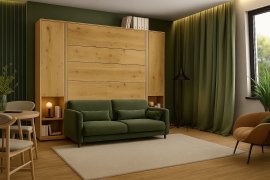 Komplett Bett im Schrank, grünes Kopfteil, grünes Sofa, Schränke, Led, Matratze Bed Concept 13 - 180x200 cm - Artisan Eiche