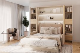 Set: Bett im Schrank BC-17, Dreisitzer BC-19, 3x LED, 2x BC-23 – Cashmere/Artisan, Matratze Lenart – Bed Concept BC-12 – 160x200 cm – Cashmere/Beige