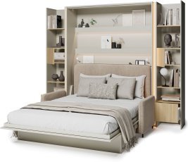 Set: Bett im Schrank BC-17, Dreisitzer BC-19, 3x LED, 2x BC-23 – Cashmere/Artisan, Matratze Lenart – Bed Concept BC-12 – 160x200 cm – Cashmere/Beige