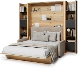 Set: Bett im Schrank, BC-17, BC-19 Dreisitzer, 3x LED, 2x BC-23 – Cashmere/Artisan, Matratze Linz – Bed Concept BC-12 – 160x200 cm – Artisan/Beige