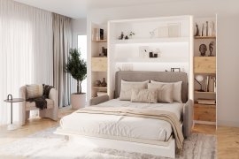 Set: Bett im Schrank, BC-17, BC-19 Dreisitzer, 3x LED, 2x BC-23 – Cashmere/Artisan, Matratze Lenart – Bed Concept BC-12 – 160x200 cm – Weiß/Grau