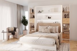 Set: Bett im Schrank BC-17, Dreisitzer BC-19, 3x LED, 2x BC-23 – Cashmere/Artisan, Matratze Lenart – Bed Concept BC-12 – 160x200 cm – Weiß/Beige