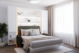 Set bestehend aus Bett-im-Schrank BC-12, Kopfteil BC-17, Sofa BC-19, 3x LED, 2x Schränke BC-07, Matratze – 160x200 cm – Weiß/Grün