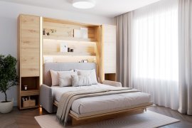 Set mit Bett im Schrank BC-12, Kopfteil BC-17, Sofa BC-19, 3xLED, Schränke 2x BC-07 - artisan, Matratze – 160x200 cm – Artisan/Beige