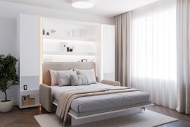 Set bestehend aus Schrankbett BC-12, Kopfteil BC-17, Sofa BC-19, 3x LED-Beleuchtung, 2x Schränke BC-07 und Matratze – 160x200 cm – Weiß/Beige