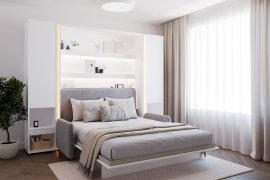 Set: Bett-im-Schrank BC-12, Kopfteil BC-17, Sofa BC-19, 3x LED, Schränke 2x BC-07, Matratze – 160x200 cm – Weiß/Grau