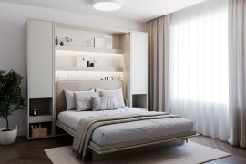 Set bestehend aus Bett im Schrank BC-12, Kopfteil BC-17, 1x LED, 2x Schränke BC-07, Matratze – 160x200 cm – Cashmir/Beige