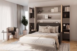 Set: Bett im Schrank BC-13, Kopfteil BC-33, Sofa BC-35, 3x LED, Schränke 2x BC-23 – grau/grafit, Matratze – 180x200 cm – grau/grafit