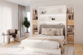 Set: Bett im Schrank BC-01, Kopfteil BC-16, 1x LED, Schränke 2x BC-23, Matratze – 140x200 cm – weiß/grau