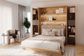 Set bestehend aus Bett im Schrank BC-01, Kopfteil BC-16, 1x LED, Schränke 2x BC-23, Matratze – 140x200 cm – Artisan/Beige