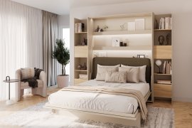 Set: Bett-im-Schrank BC-01, Kopfteil BC-16, 1x LED, Schränke 2x BC-23 – Kaschmir/Eiche Lugano, Matratze – 140x200 cm – Kaschmir/Grün