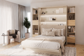 Set: Bett im Schrank BC-01, Kopfteil BC-16, 1x LED, Schränke 2x BC-23 – Kaschmir/Eiche Lugano, Matratze – 140x200 cm – Kaschmir/Beige