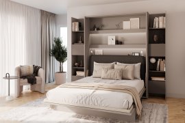 Set: Bett-im-Schrank BC-12, Kopfteil BC-17, 1x LED, Schränke 2x BC-23 – grau/grafit, Matratze – 160x200 cm – grau/grafit