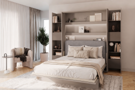 Set: Bett im Schrank BC-01, Kopfteil BC-16, 1x LED, Schränke 2x BC-23 – Grau/Grafit, Matratze – 140x200 cm – Grau