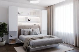 Set aus Bett im Schrank BC-01, Kopfteil BC-16, 1x LED, 2x Schrank BC-07 – weiß, Matratze – 140x200 cm – weiß/beige
