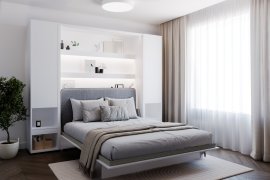 Komplettset Bett im Schrank BC-01, Kopfteil BC-16, 1x LED, Schränke 2x BC-07 – weiß, Matratze – 140x200 cm – weiß/grau