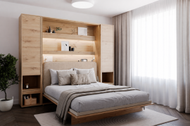 Set: Bett im Schrank BC-01, Kopfteil BC-16, 1x LED, Schränke 2x BC-07 – Artisan-Eiche, Matratze – 140x200 cm – Artisan-Eiche/Beige
