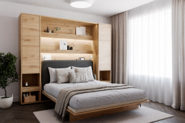 Set: Bett im Schrank BC-01, Kopfteil BC-16, 1x LED, Schränke 2x BC-07 – Artisan Eiche, Matratze – 140x200 cm – Artisan Eiche/Grafit