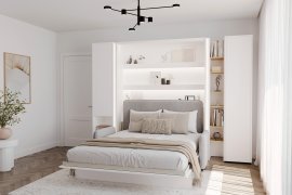 Set: Bett im Schrank BC-01, Kopfteil BC-16, Sofa BC-18, 3x LED, Schränke BC-07, BC-21, BC-24 – weiß, Matratze – 140x200 cm – weiß/grau