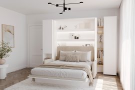 Komplettset: Bett im Schrank BC-12, Kopfteil BC-17, Sofa BC-19, 3x LED-Beleuchtung, Schränke BC-07, BC-21, BC-24 – weiß, Matratze – 160x200 cm – weiß/beige