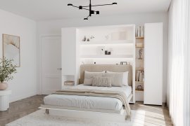 Set: Bett im Schrank BC-13, Kopfteil BC-33, 1x LED, Schränke BC-07, BC-21, BC-24 – weiß, Matratze – 180x200 cm – weiß/beige