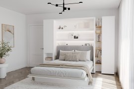 Set: Bett im Schrank BC-12, Kopfteil BC-17, 1x LED, Schränke BC-07, BC-21, BC-24 – weiß, Matratze – 160x200 cm – weiß/grau