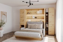 Set bestehend aus Bett im Schrank BC-01, Kopfteil BC-16, Sofa BC-18, 3x LED, Schränken BC-07, BC-21, BC-24 – Artisan, Matratze – 140x200 cm – Eiche Artisan/Grau