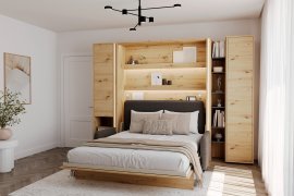 Set: Bett im Schrank BC-12, Kopfteil BC-17, Sofa BC-19, 3x LED, Schränke BC-07, BC-21, BC-24 – Artisan, Matratze – 160x200 cm – Eiche Artisan/Grafit