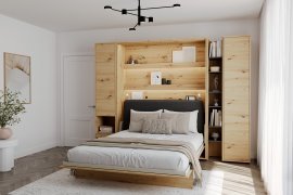 Set: Bett im Schrank BC-13, Kopfteil BC-33, 1x LED, Schränke BC-07, BC-21, BC-24 – Artisan, Matratze – 180x200 cm – Eiche Artisan/Grafit
