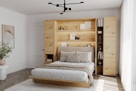 Set: Bett im Schrank BC-13, Kopfteil BC-33, 1x LED, Schränke BC-07, BC-21, BC-24 – Artisan, Matratze – 180x200 cm – Eiche Artisan/Beige