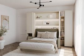 Komplettset Bett im Schrank BC-13, Kopfteil BC-33, Sofa BC-35, 3x LED, Schränke BC-07, BC-21, BC-24 – Kaschmir, Matratze – 180x200 cm – Kaschmir/Grün
